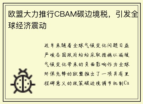 欧盟大力推行CBAM碳边境税，引发全球经济震动